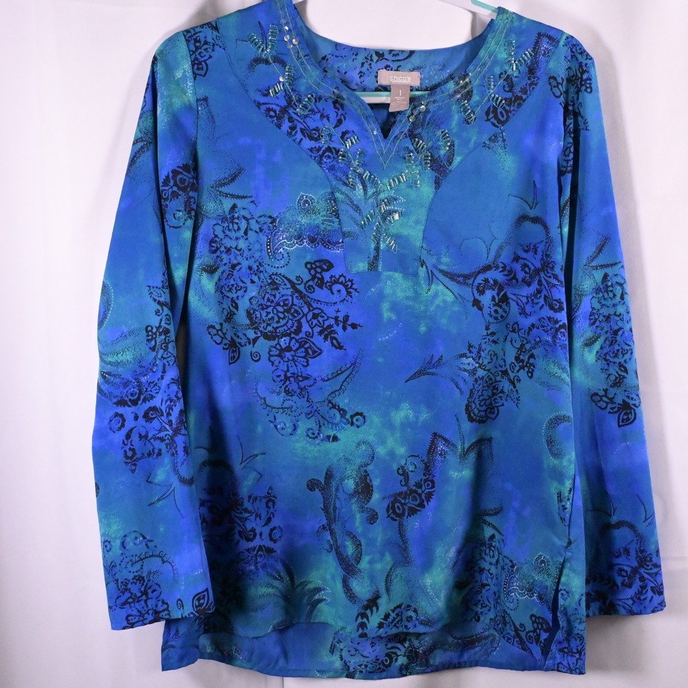 Chico's Blue Floral V-Neck Beaded Neckline Polyester Blouse Women's‎ 1 US 8